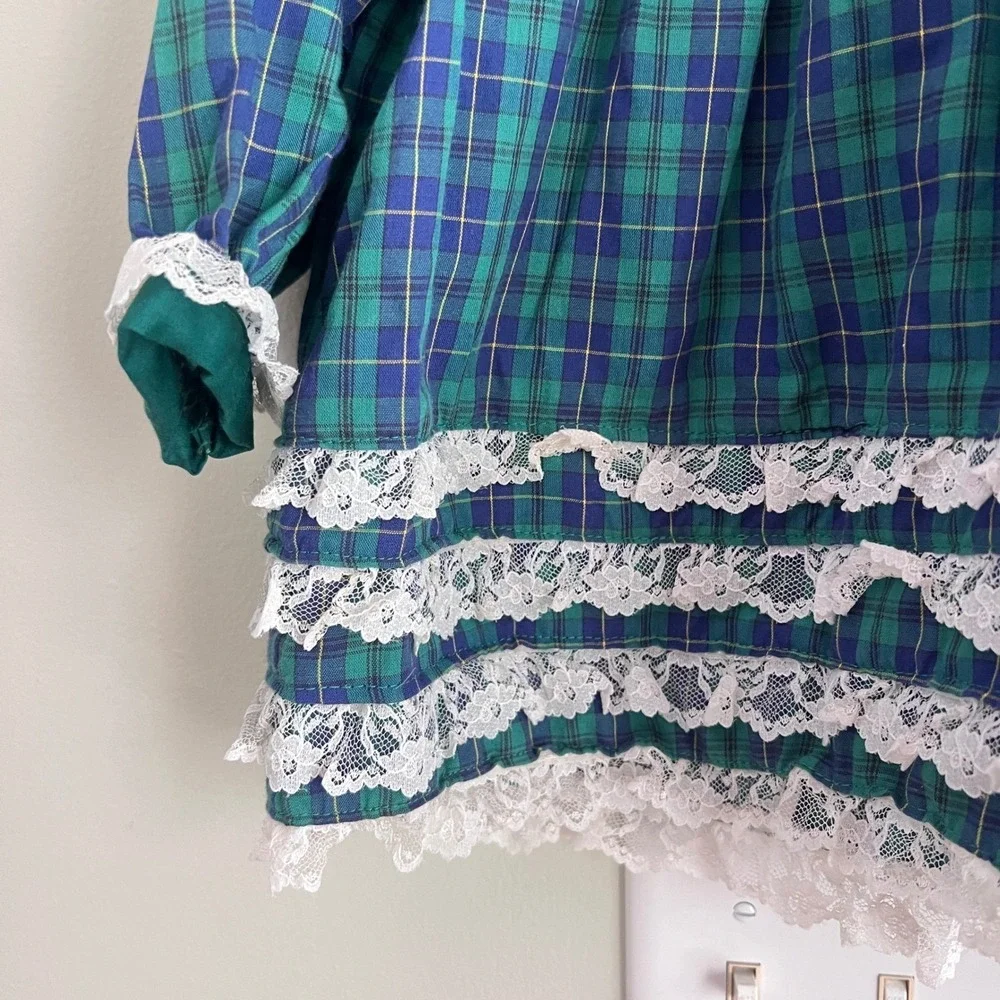 Plaid Lace Ruffle Dress‎ Girls 2T Green Tartan Prairie Cottagecore